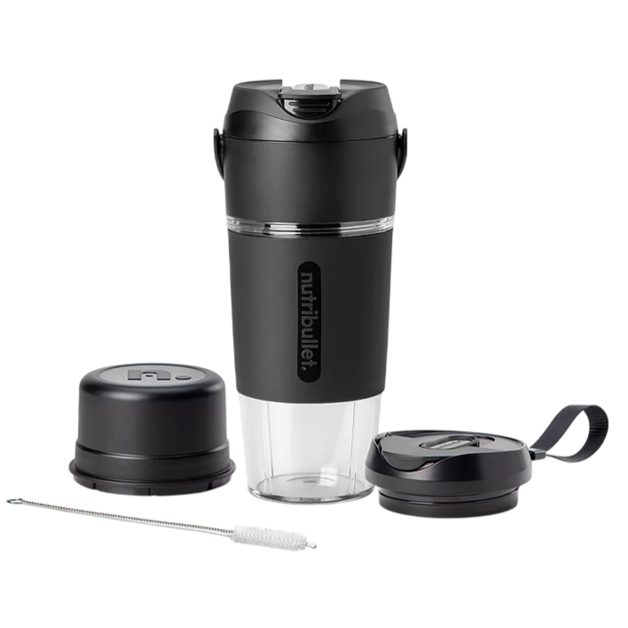 A Nutribullet 30-oz stainless steel cup with a to-go lid, stead base, cover, and straw cleaner brush are shown.