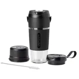 A Nutribullet 30-oz stainless steel cup with a to-go lid, stead base, cover, and straw cleaner brush are shown.