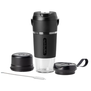 A Nutribullet 30-oz stainless steel cup with a to-go lid, stead base, cover, and straw cleaner brush are shown.