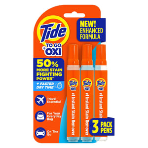 Tide To Go Instant Stain Remover, with Oxi, 3-pack pens; 50% more stain-fighting power, faster dry time, enhanced formula. Ideal for travel, everyday bag, and on-the-go use.