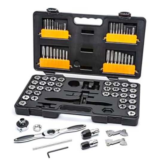 Tap and die set in a black carrying case, featuring various sizes of taps, dies, wrenches, and threading tools organized in compartments.