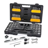 Tap and die set in a black carrying case, featuring various sizes of taps, dies, wrenches, and threading tools organized in compartments.