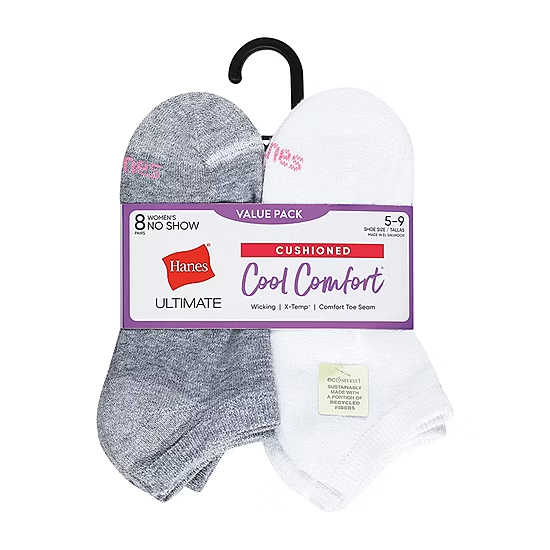 Hanes Ultimate Cool Comfort Women's No Show Socks, 8-pack, featuring cushioned wicking, X-Temp, and comfort toe seam. Fits shoe sizes 5-9, includes gray and white pairs.