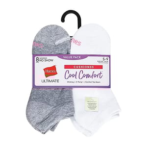 Hanes Ultimate Cool Comfort Women's No Show Socks, 8-pack, featuring cushioned wicking, X-Temp, and comfort toe seam. Fits shoe sizes 5-9, includes gray and white pairs.