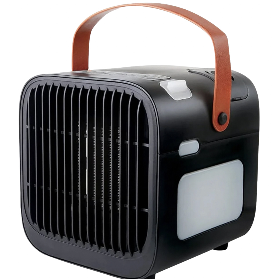 A compact humidifying space heater with a black body, front grill for airflow, side light panel, and brown carry handle, designed for portability and multifunctional use.