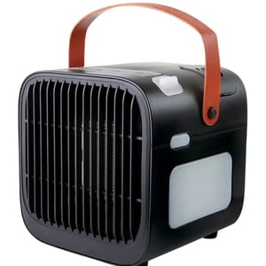 A compact humidifying space heater with a black body, front grill for airflow, side light panel, and brown carry handle, designed for portability and multifunctional use.