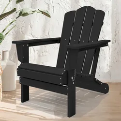 A black Adirondack chair with a slatted backrest and wide armrests, set on a light wooden floor with decorative plants nearby.