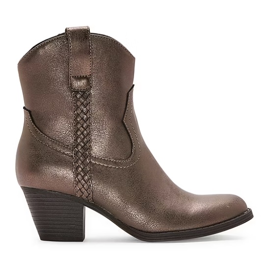 Brown ankle-height cowboy boot with a braided side detail and a low, stacked heel.