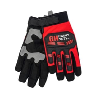 A pair of heavy-duty work gloves featuring red and black colors with grey impact-resistant pads on the back of the hands and fingers.