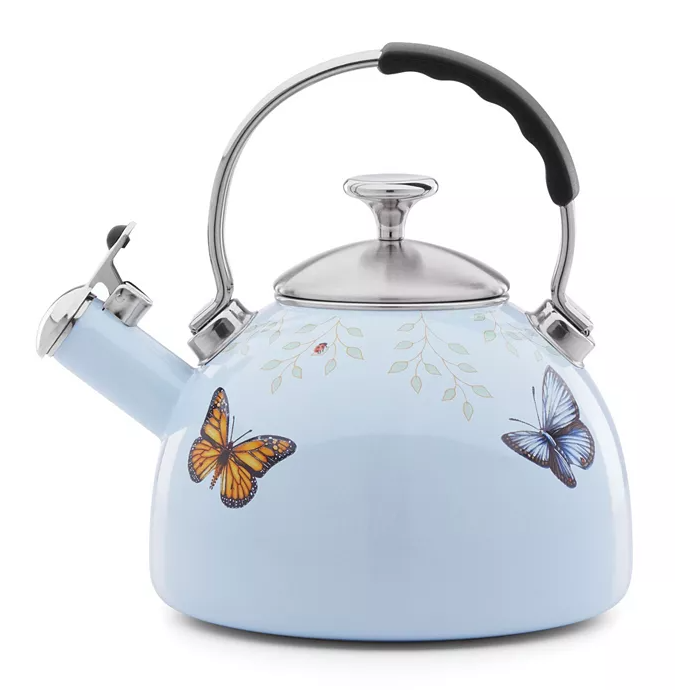 A light blue whistling tea kettle features a stainless steel handle and lid, adorned with colorful butterfly and leaf designs.