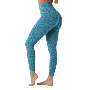 Blue, high-waisted yoga leggings with a textured leopard print pattern, extending to the ankles.