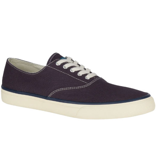 Sperry Cloud CVO Sneakers feature a dark canvas upper with white stitching, white laces, and a contrasting off-white rubber sole, creating a classic and casual look.