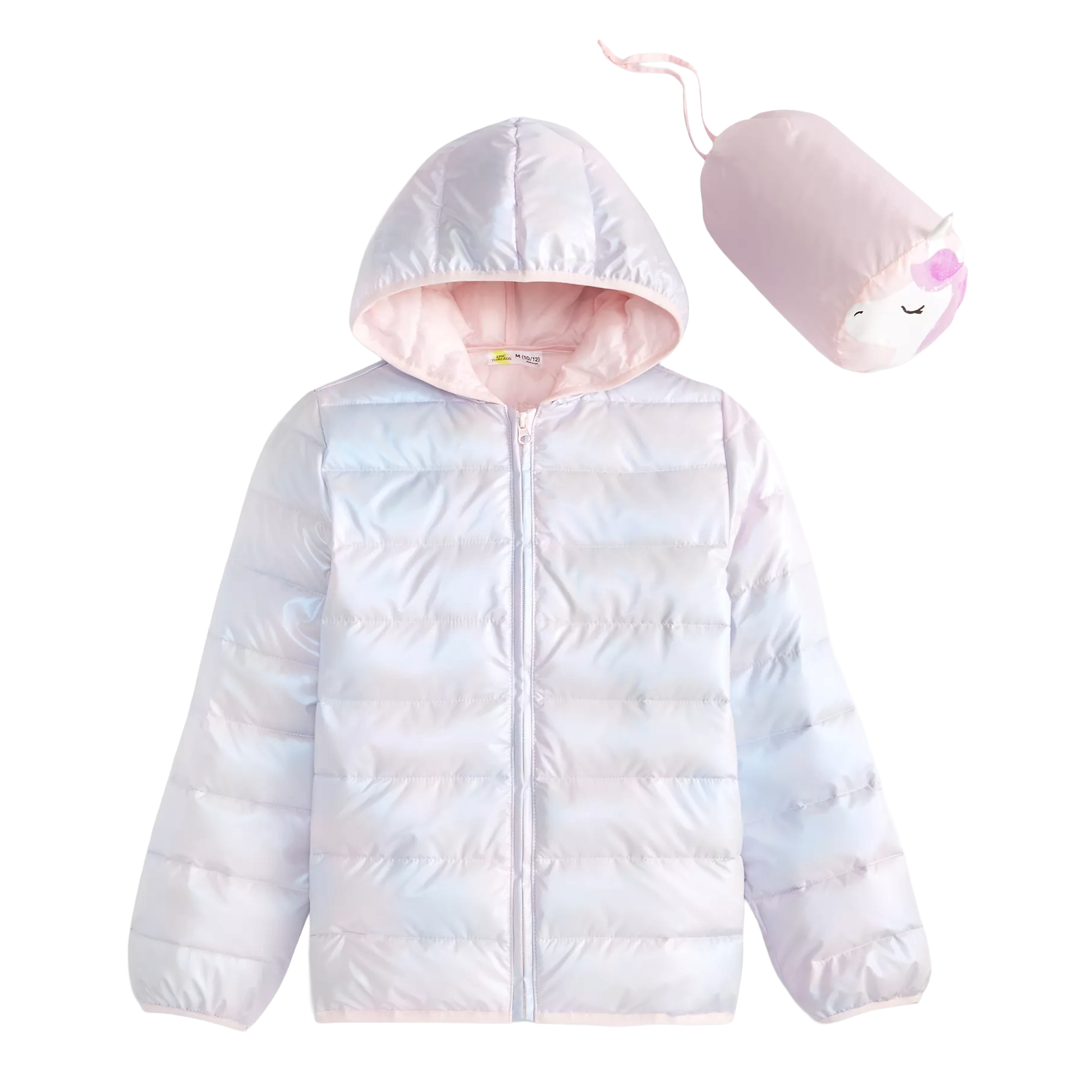 A light-colored, hooded puffer jacket with a soft pastel sheen, accompanied by a matching cylindrical pouch featuring a cute face design.
