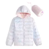 A light-colored, hooded puffer jacket with a soft pastel sheen, accompanied by a matching cylindrical pouch featuring a cute face design.