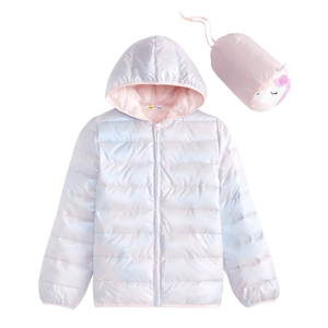 A light-colored, hooded puffer jacket with a soft pastel sheen, accompanied by a matching cylindrical pouch featuring a cute face design.