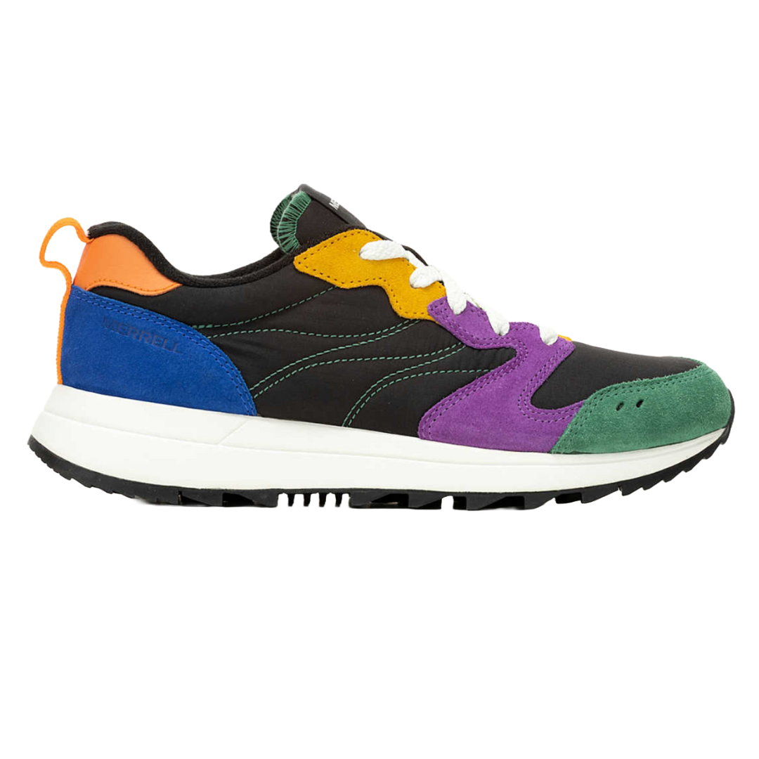 Merrell Alpine 83 Shoes feature a multicolor design with black, green, purple, yellow, and blue accents, suede overlays, a low-top silhouette, white laces, and a cushioned sole for comfort.
