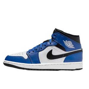 Blue and white Air Jordan 1 Mid sneakers featuring black accents, a black Nike Swoosh, and the classic Air Jordan wings logo on the collar.