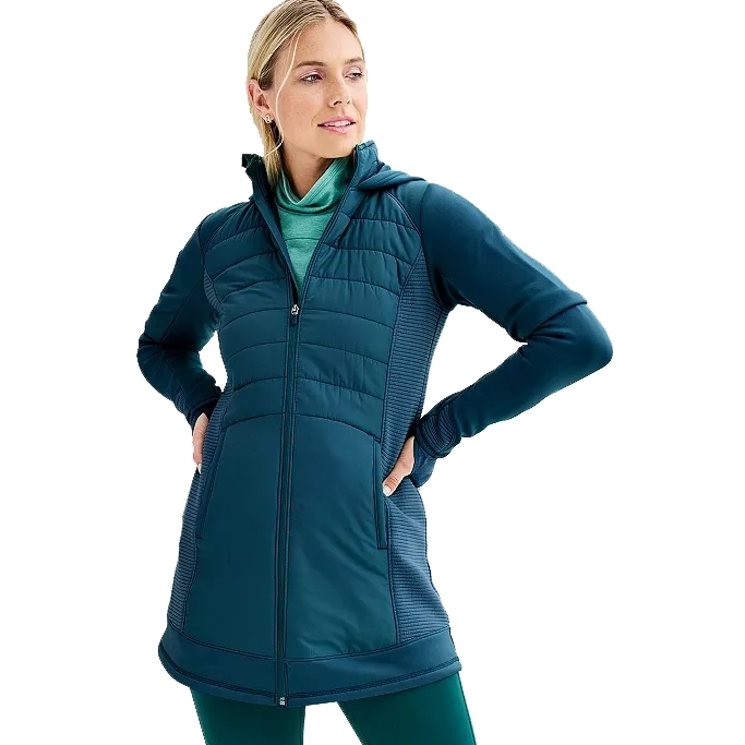 A teal jacket with a hood, featuring quilted front panels and smooth knit sleeves and back. It has a zip-up front, side pockets, and a mid-thigh length design.