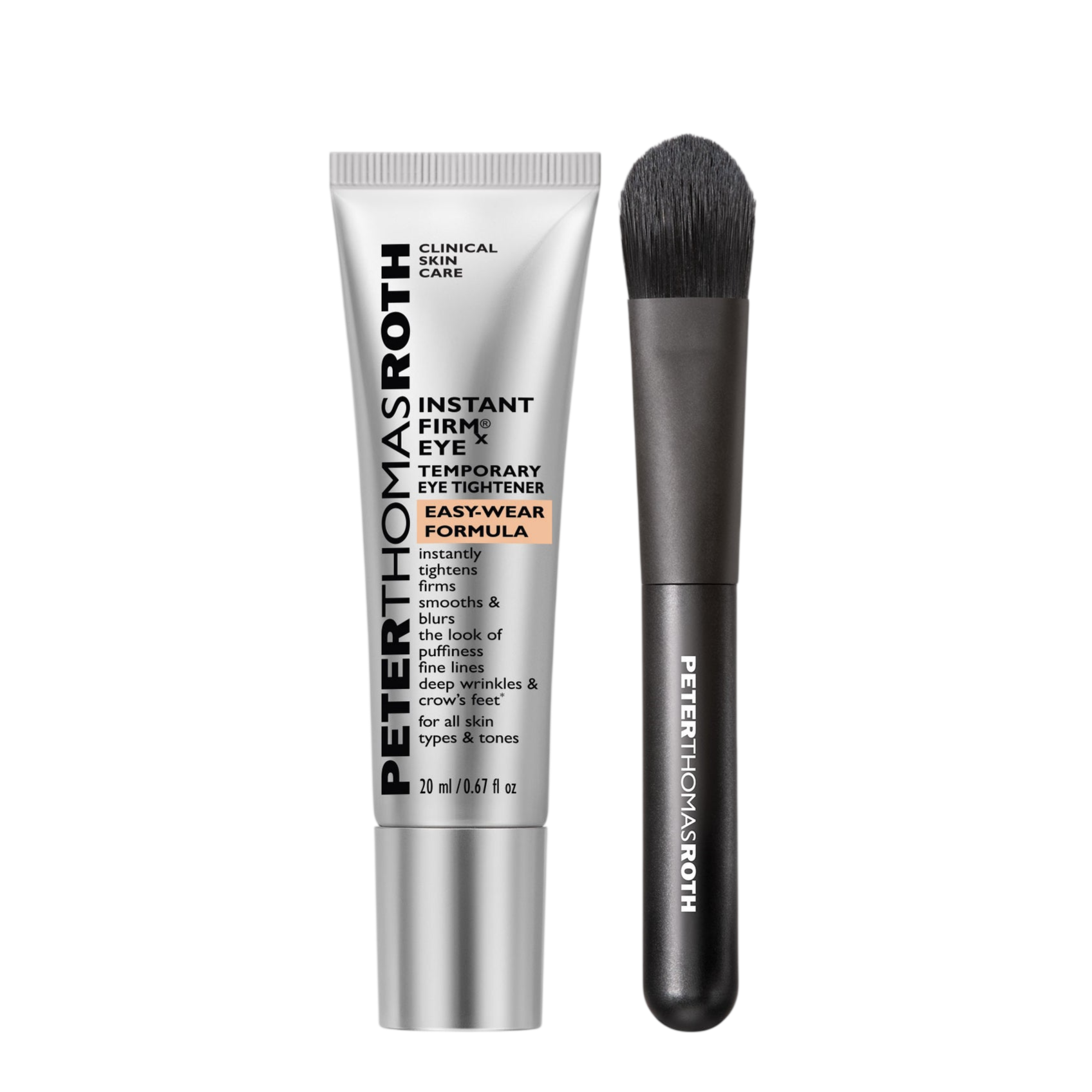 Peter Thomas Roth Instant FirmX Temporary Eye Tightener with brush, designed to tighten, firm, and smooth the appearance of puffiness, fine lines, and wrinkles around the eyes. Suitable for all skin types.