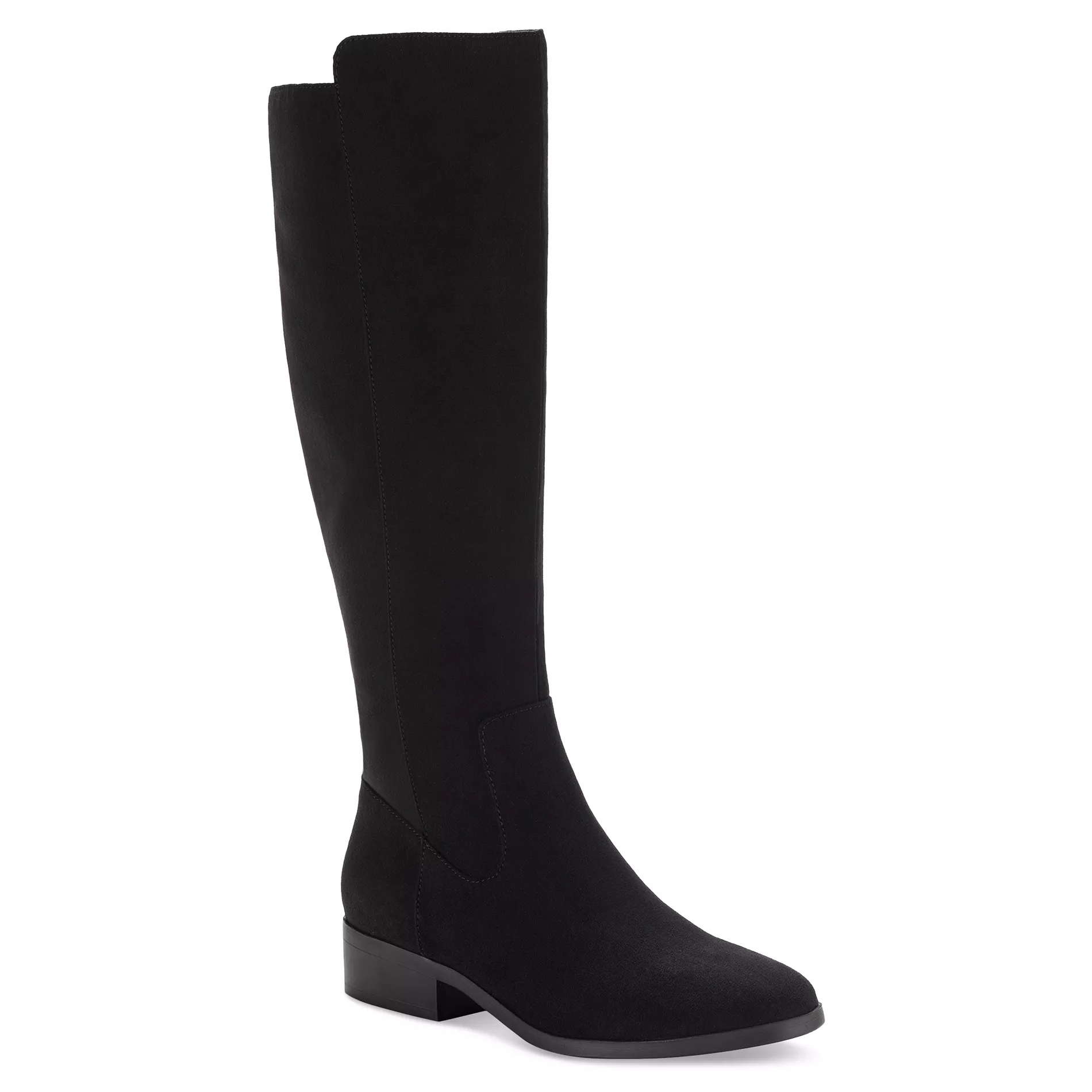 A sleek black knee-high boot with a low block heel and a smooth, minimalist design.