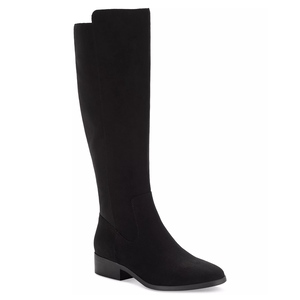 A sleek black knee-high boot with a low block heel and a smooth, minimalist design.