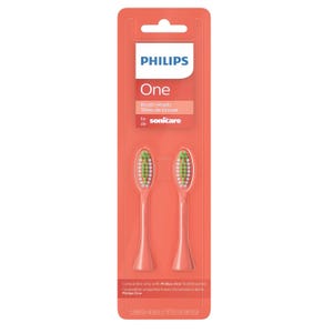 Philips One by Sonicare 2-pack brush heads, compatible only with Philips One toothbrushes, feature multicolored bristles designed for effective cleaning. Packaging is in a vibrant orange color.