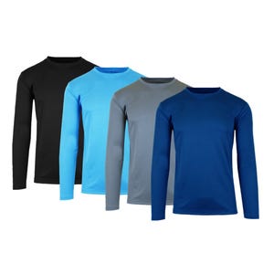 A set of four men's long-sleeve moisture-wicking T-shirts in black, light blue, grey, and navy blue, designed to keep the wearer dry and comfortable.