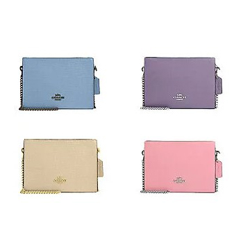 Four colorful clutch bags displayed in blue, purple, beige, and pink, each with scalloped edges and a metallic logo.