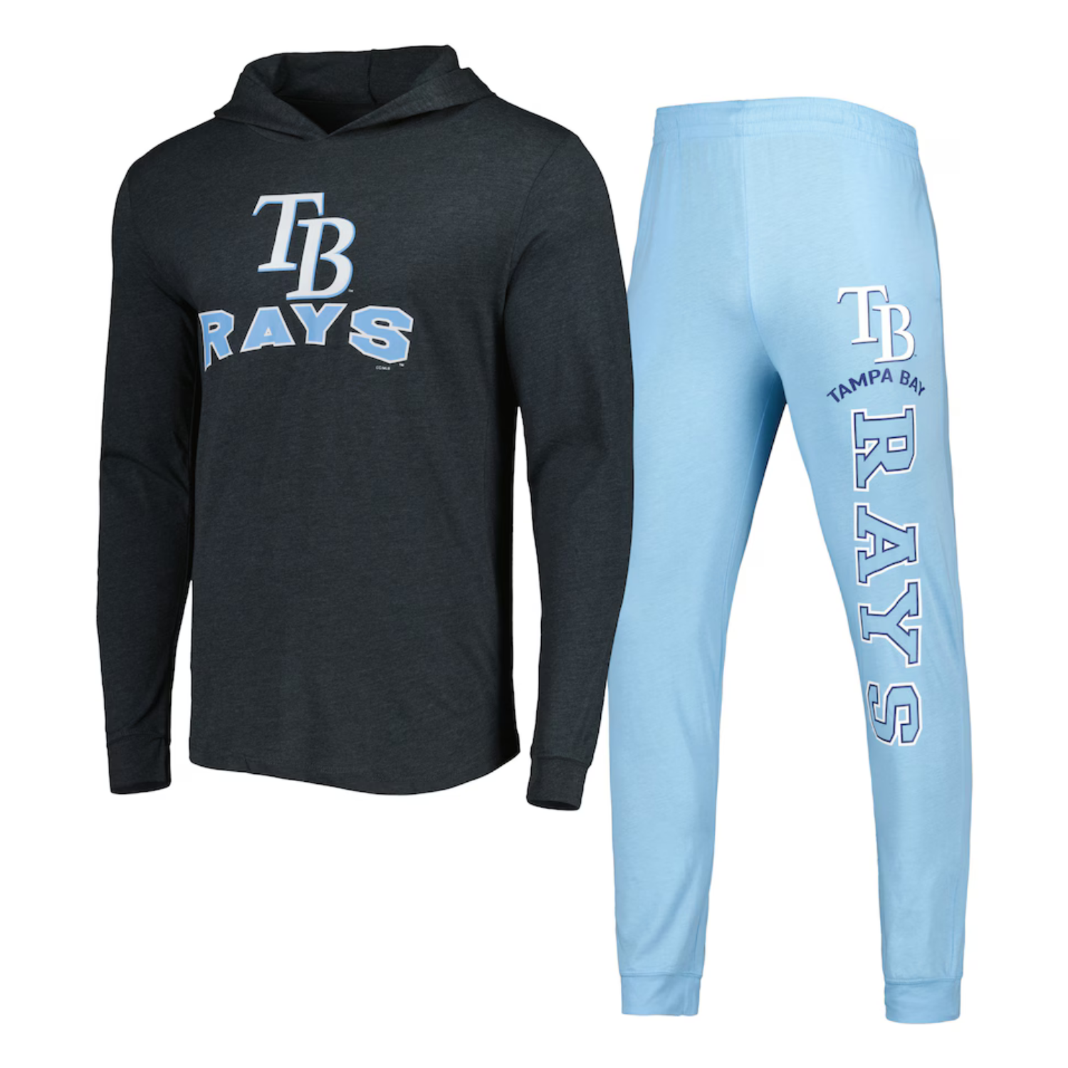 A Tampa Bay Rays black hoodie and light blue sweatpants with team logos.