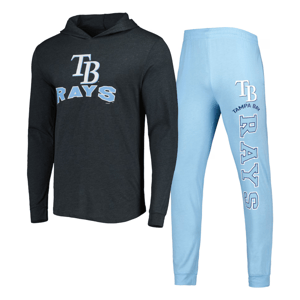 A Tampa Bay Rays black hoodie and light blue sweatpants with team logos.