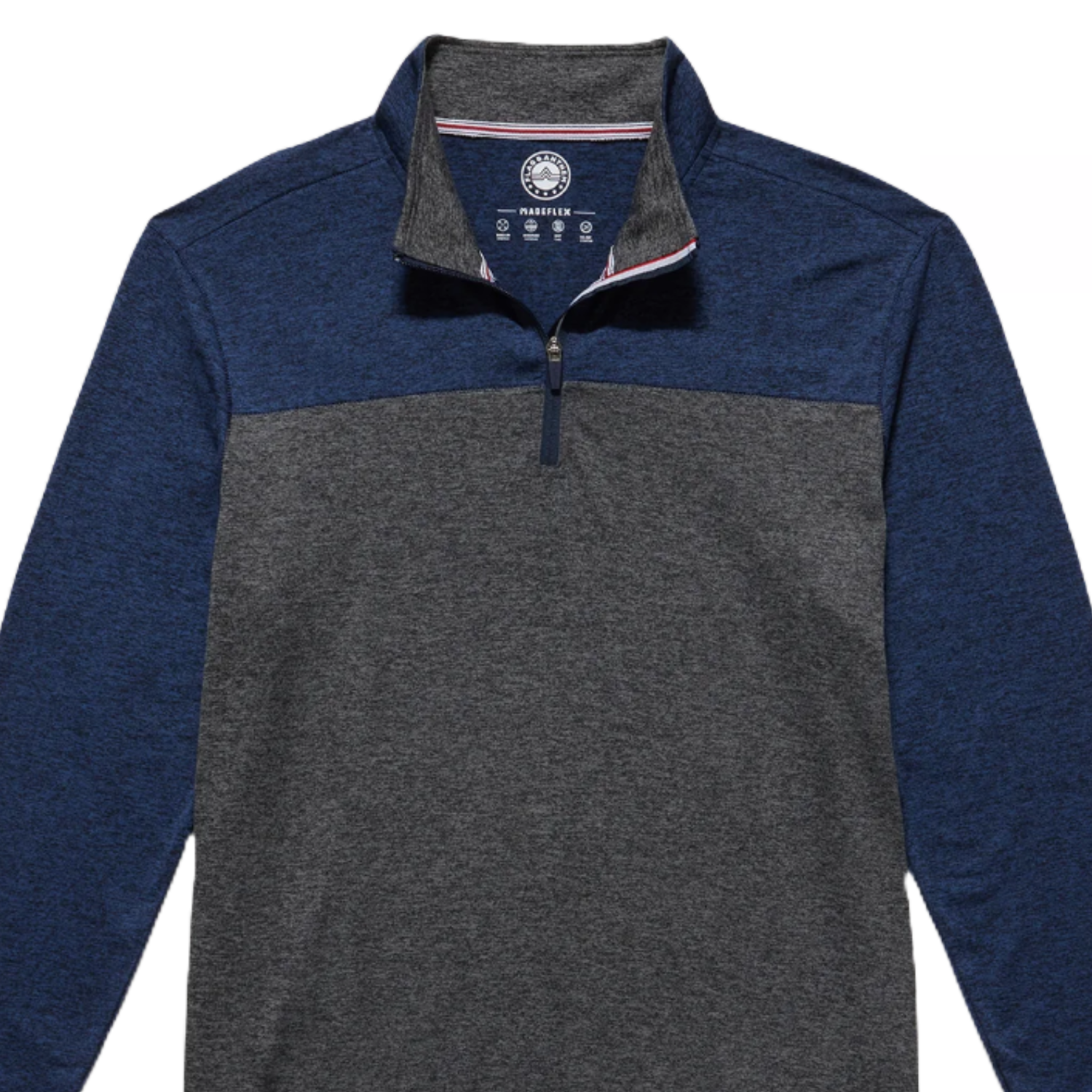 A men's 1/4-zip pullover by Flag & Anthem featuring a heathered navy upper and sleeves with a charcoal gray body. The collar includes a subtle red and white stripe detail, and the fabric is moisture-wicking and stretchy.