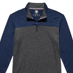 A men's 1/4-zip pullover by Flag & Anthem featuring a heathered navy upper and sleeves with a charcoal gray body. The collar includes a subtle red and white stripe detail, and the fabric is moisture-wicking and stretchy.