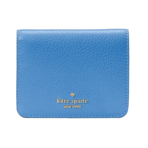 A blue leather Kate Spade New York wallet featuring gold logo lettering on the front.
