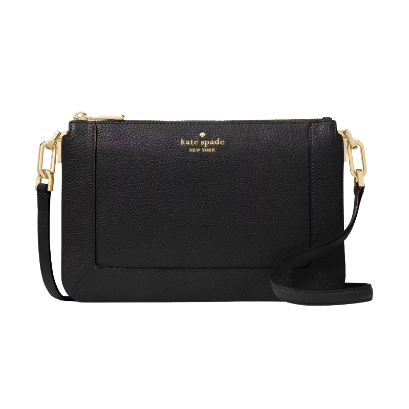 A black Kate Spade crossbody bag with gold-tone hardware and a detachable strap.