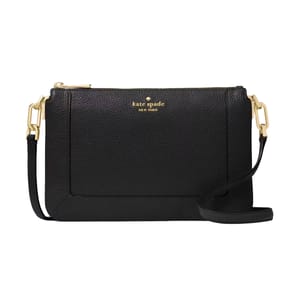 A black Kate Spade crossbody bag with gold-tone hardware and a detachable strap.