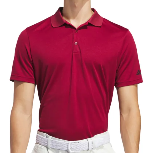 A maroon short-sleeve polo shirt with a collar and button placket, featuring an Adidas logo on the sleeve. Paired with white pants and a white woven belt.