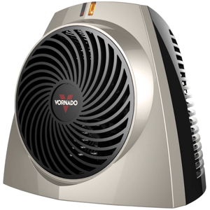 Vornado space heater with a sleek design featuring a black fan grill and a silver body, equipped with an indicator light on top.