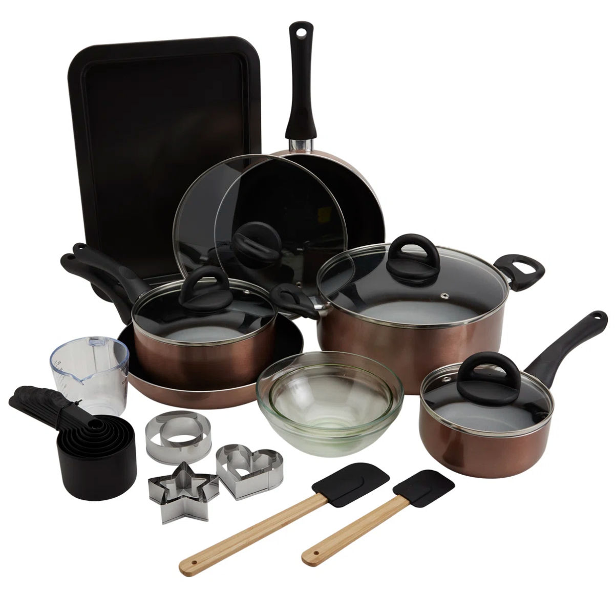 A cookware and bakeware set including saucepans with lids, a frying pan, a baking sheet, a glass mixing bowl, measuring cups, cookie cutters, and spatulas.