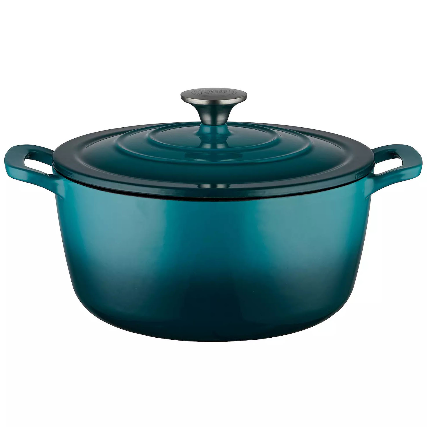 A teal, round Dutch oven with a lid and loop handles.