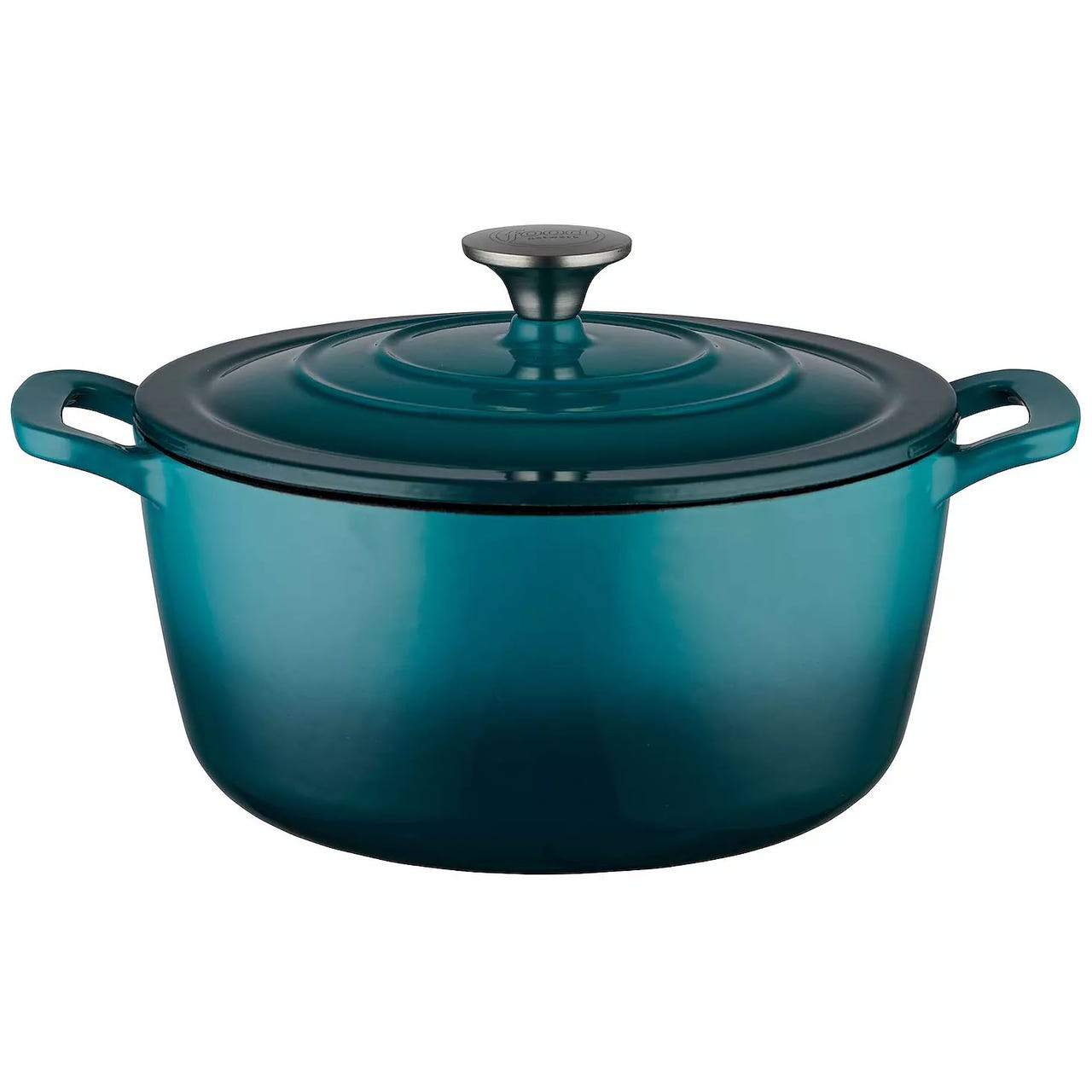 A teal, round Dutch oven with a lid and loop handles.