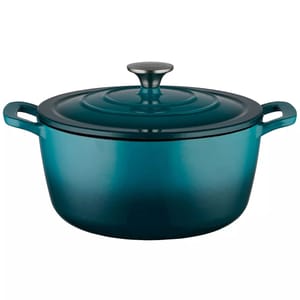 A teal, round Dutch oven with a lid and loop handles.