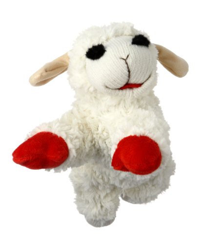A plush dog toy resembling a white lamb with a smiling face, featuring beige ears, and red hooves.