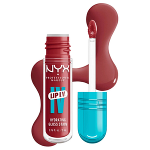 NYX Professional Makeup Lip I.V. Hydrating Gloss Stain is a red lip gloss stain with a blue applicator cap, offering 0.16 fl. oz. (5 mL) of product designed for hydration and long-lasting color.