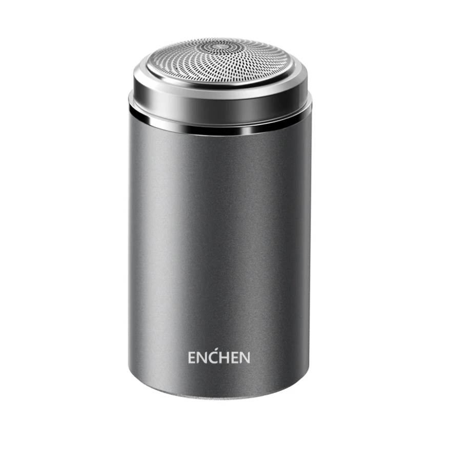 A cylindrical, dark gray electric travel shaver with a metallic finish and a circular shaving head on top, branded with \“ENCHEN.\“