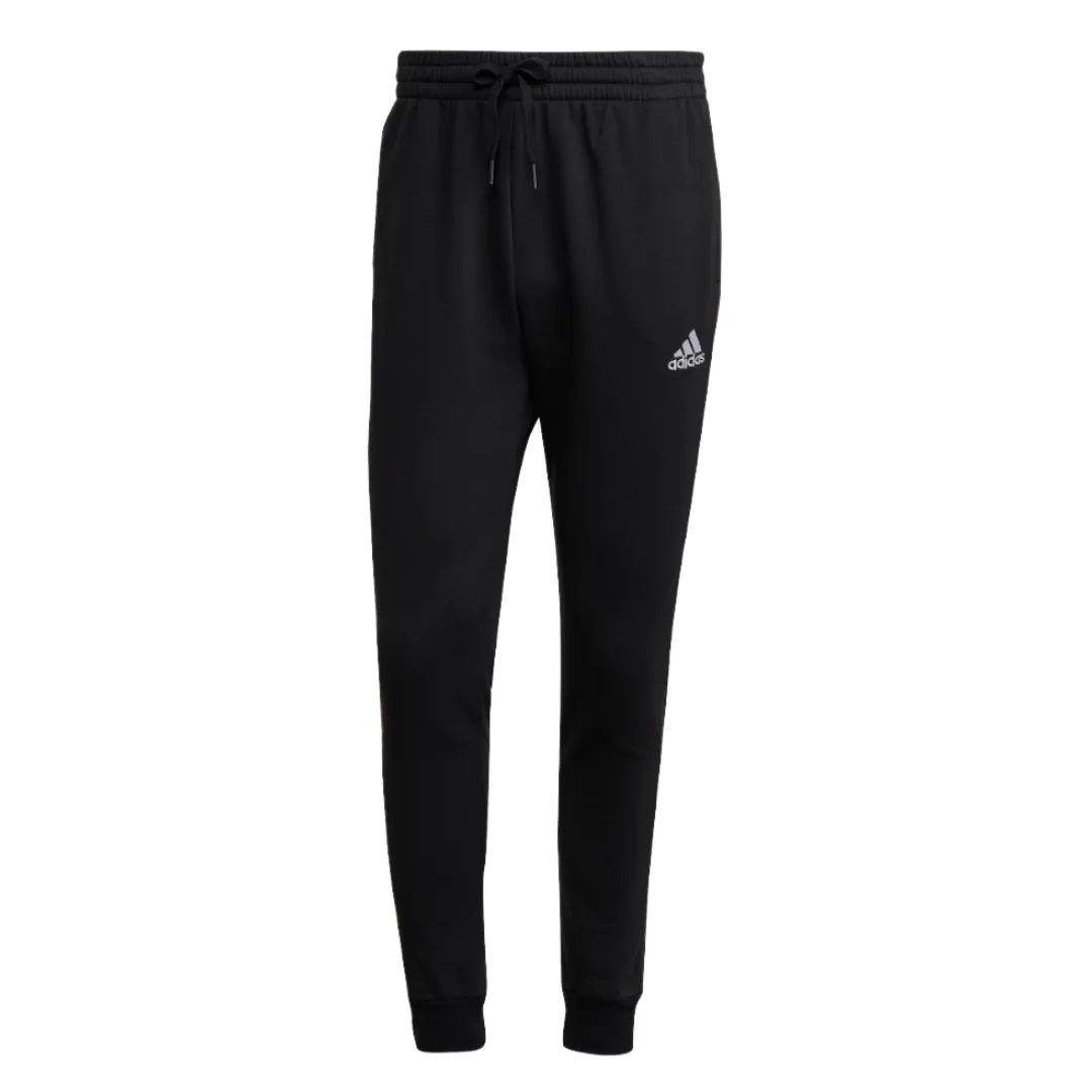 Black Adidas joggers with a drawstring waist and cuffed ankles, featuring the Adidas logo on the left leg.