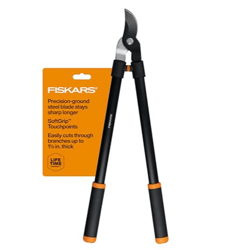 Fiskars lopper with precision-ground steel blades, SoftGrip touchpoints, and capability to cut branches up to 1.5 inches thick.