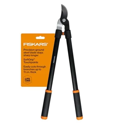 Fiskars lopper with precision-ground steel blades, SoftGrip touchpoints, and capability to cut branches up to 1.5 inches thick.