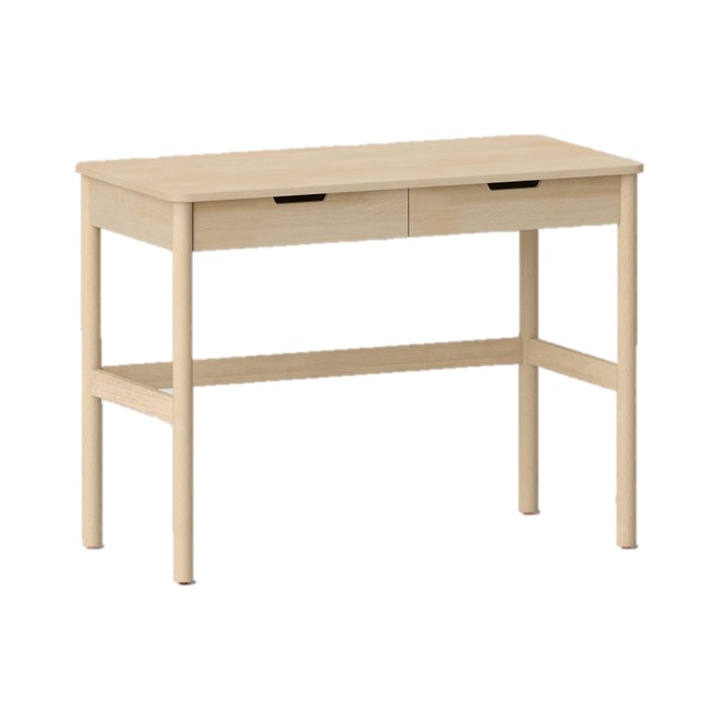 A light wood desk with a simple design, featuring two drawers and a rectangular tabletop. Suitable for home or office use.
