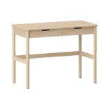 A light wood desk with a simple design, featuring two drawers and a rectangular tabletop. Suitable for home or office use.