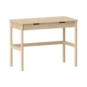 A light wood desk with a simple design, featuring two drawers and a rectangular tabletop. Suitable for home or office use.